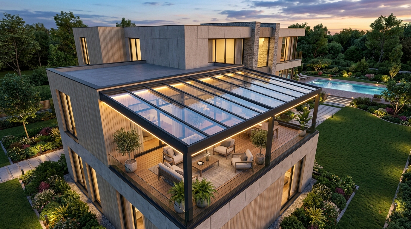 3D-Visualisierung eines Glasdachs aus erhöhter Perspektive