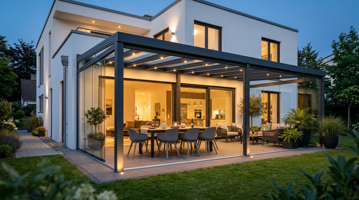 3D-Visualisierung einer beleuchteten Terrassenüberdachung von vorne