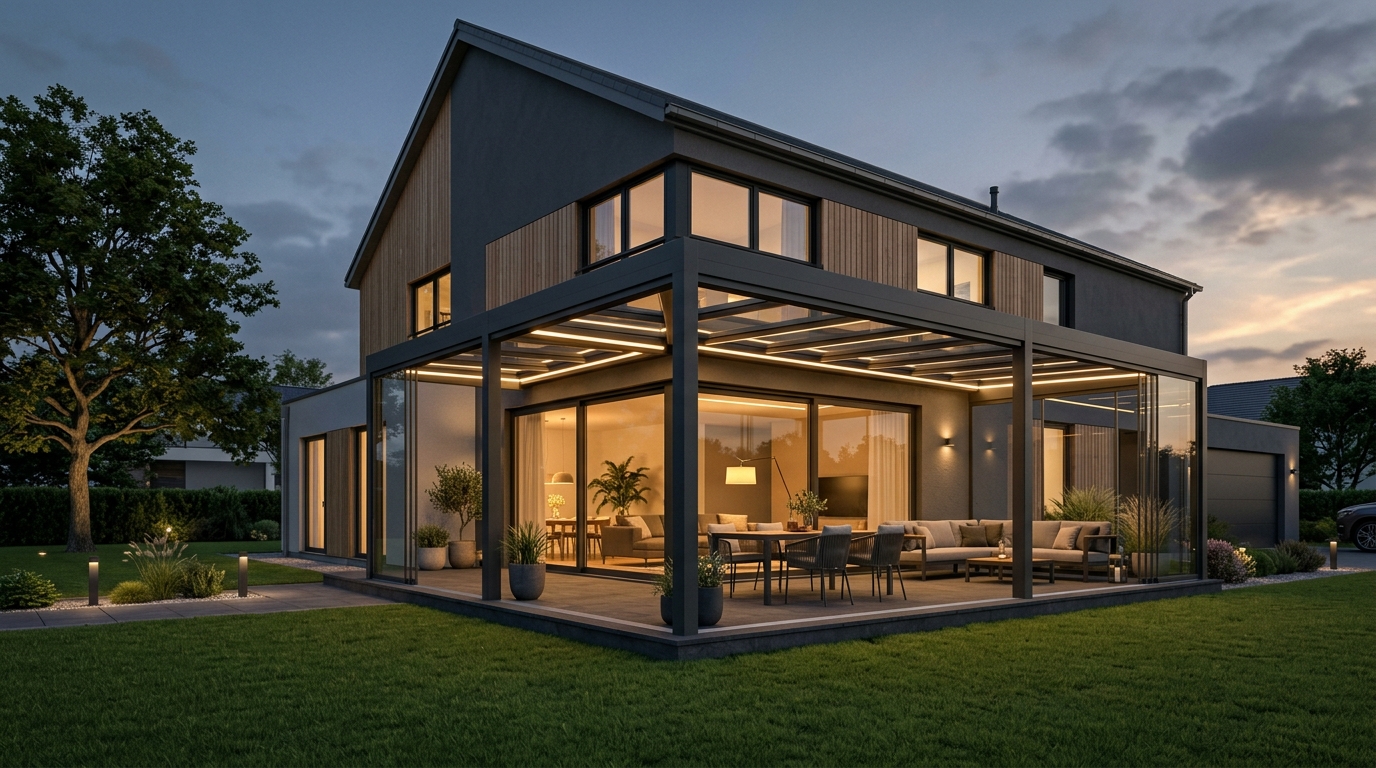3D-Visualisierung einer Terrassenüberdachung aus seitlicher Perspektive